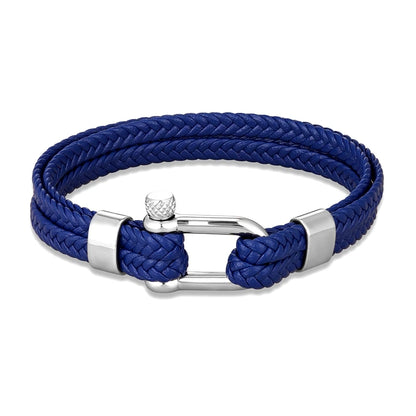 Pulsera de Cuero Azul Marino Trenzado Multicapa – Unisex, con Grillete en U de Acero Inoxidable