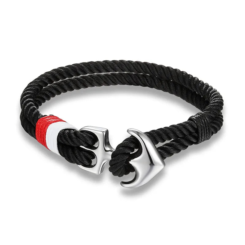 Pulsera Náutica con Ancla – Cuerda Impermeable de Doble Hebra y Hebilla de Acero Inoxidable Negro Unisex
