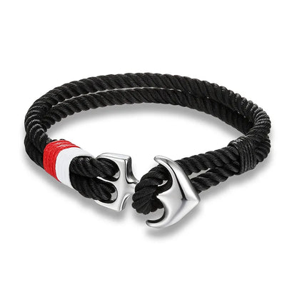 Pulsera Náutica con Ancla – Cuerda Impermeable de Doble Hebra y Hebilla de Acero Inoxidable Negro Unisex