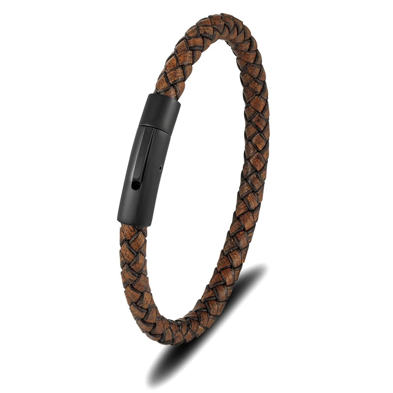 Pulsera de Cuero Azul Trenzado para Hombre – Estilo Minimalista con Hebilla Magnética Negra de Acero Inoxidable