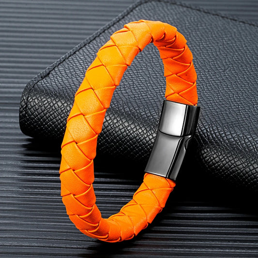 Pulsera Trenzada de Cuero Genuino Naranja y Negro – Unisex, con Hebilla Magnética de Acero Inoxidable
