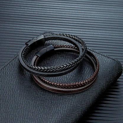 Pulsera Minimalista de Cuero Trenzado Doble para Hombre – Hebilla Negra Mate de Acero Inoxidable
