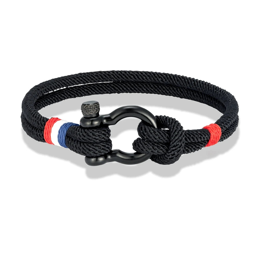 Pulsera Tejida de Doble Capa con Hebilla de Grillete Negro – Unisex, Diseño Artesanal con Detalle de Bandera Francesa