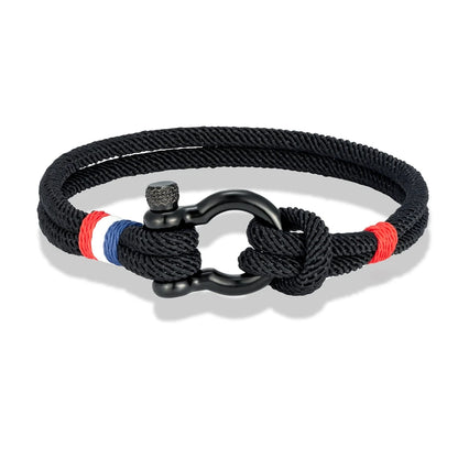 Pulsera Tejida de Doble Capa con Hebilla de Grillete Negro – Unisex, Diseño Artesanal con Detalle de Bandera Francesa