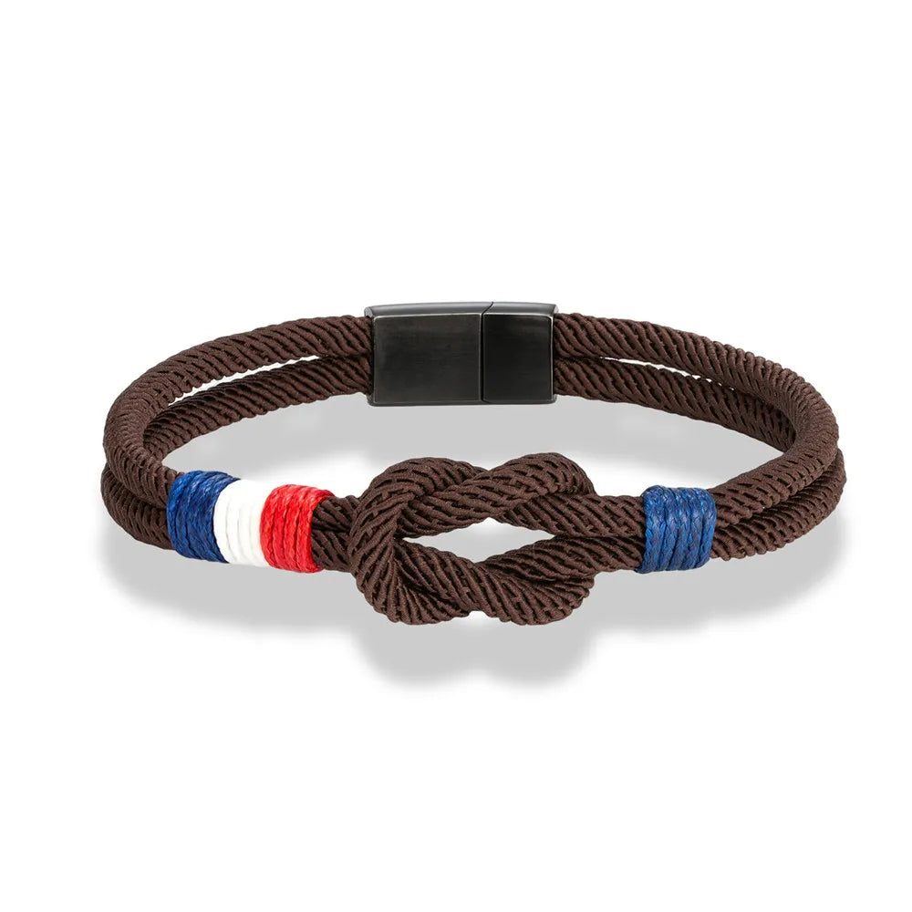 Pulsera Tejida de Doble Capa con Nudo Cuadrado – Unisex, Acero Inoxidable y Detalle de Bandera Francesa