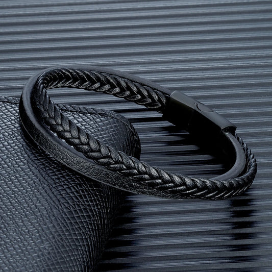 Pulsera Minimalista de Cuero Trenzado Doble para Hombre – Hebilla Negra Mate de Acero Inoxidable