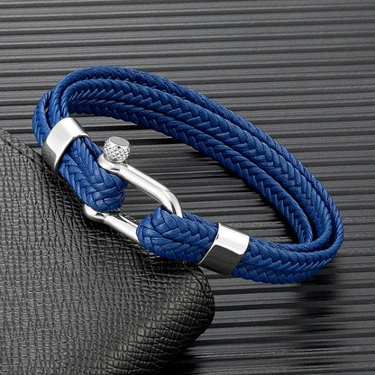 Pulsera de Cuero Azul Marino Trenzado Multicapa – Unisex, con Grillete en U de Acero Inoxidable