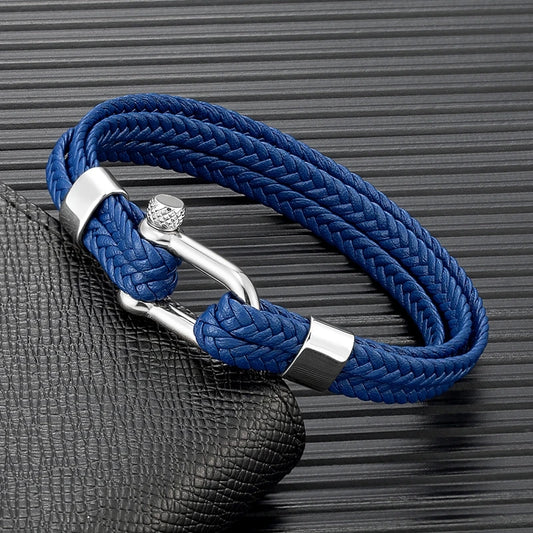 Pulsera de Cuero Azul Marino Trenzado Multicapa – Unisex, con Grillete en U de Acero Inoxidable
