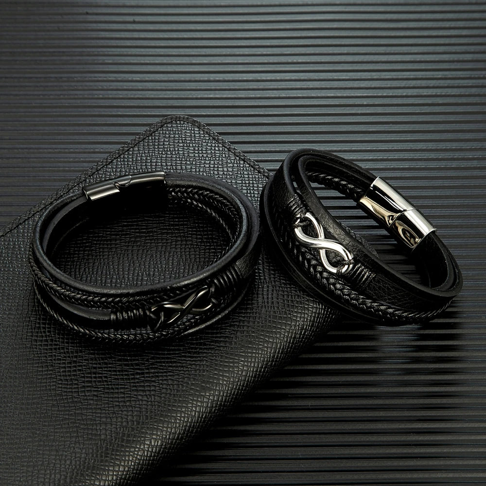 Pulsera Infinity de Cuero Trenzado Multicapa – Unisex, con Detalles en Acero Inoxidable Negro