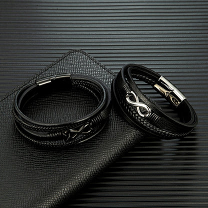 Pulsera Infinity de Cuero Trenzado Multicapa – Unisex, con Detalles en Acero Inoxidable Negro