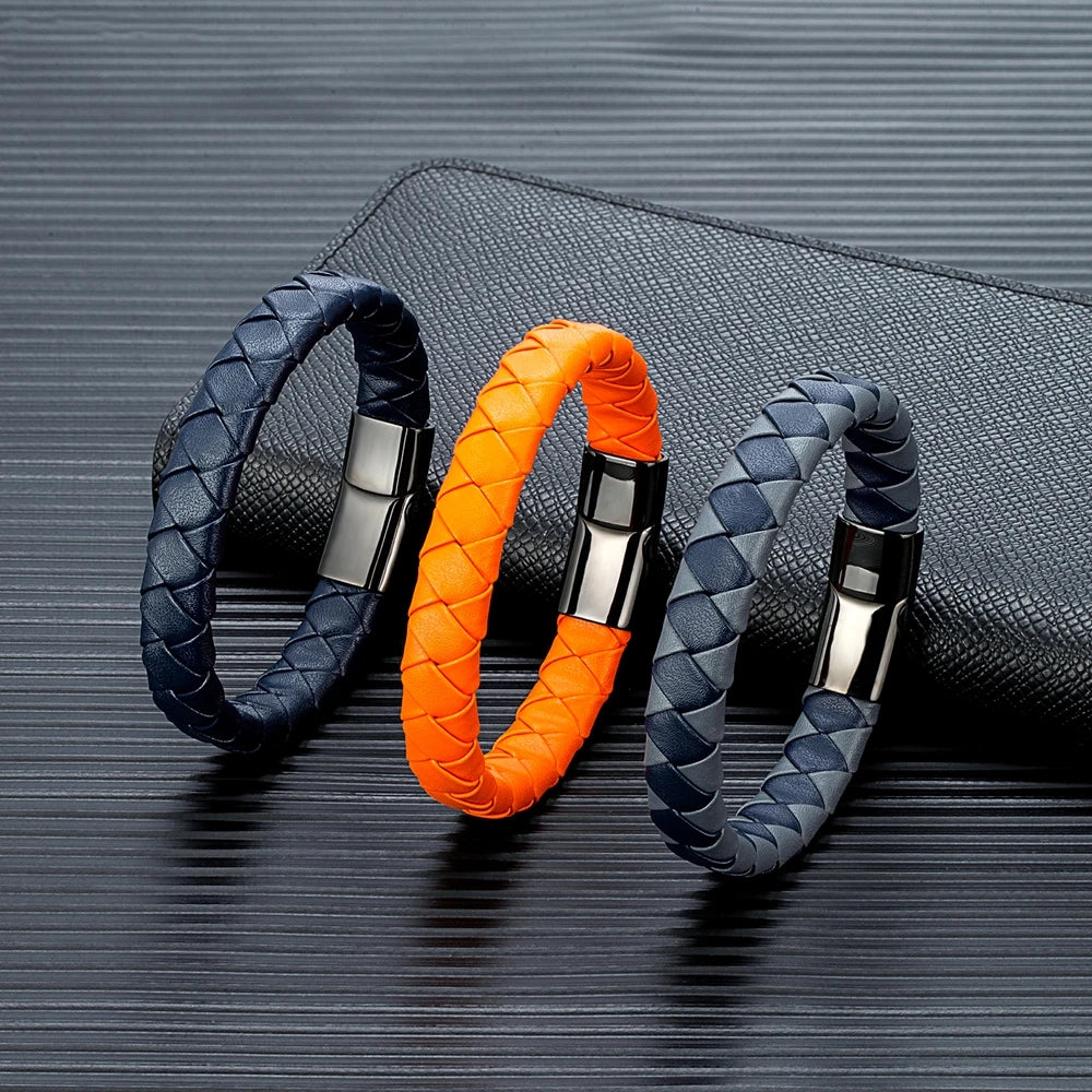 Pulsera Trenzada de Cuero Genuino Naranja y Negro – Unisex, con Hebilla Magnética de Acero Inoxidable