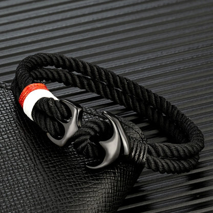Pulsera Náutica con Ancla – Cuerda Impermeable de Doble Hebra y Hebilla de Acero Inoxidable Negro Unisex