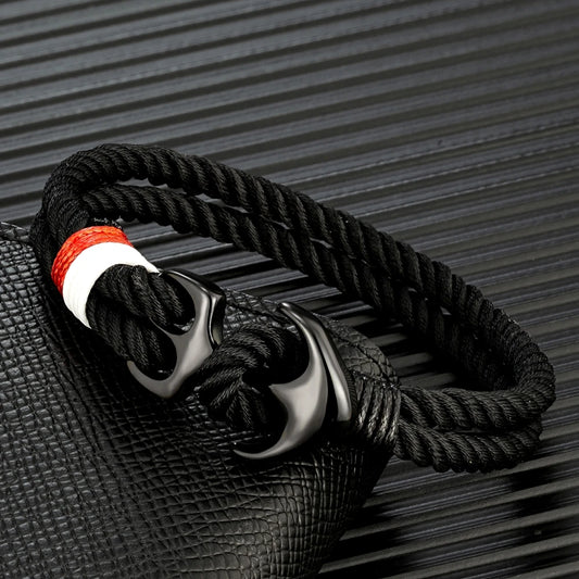 Pulsera Náutica con Ancla – Cuerda Impermeable de Doble Hebra y Hebilla de Acero Inoxidable Negro Unisex