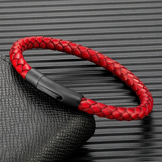 Pulsera de Cuero Azul Trenzado para Hombre – Estilo Minimalista con Hebilla Magnética Negra de Acero Inoxidable