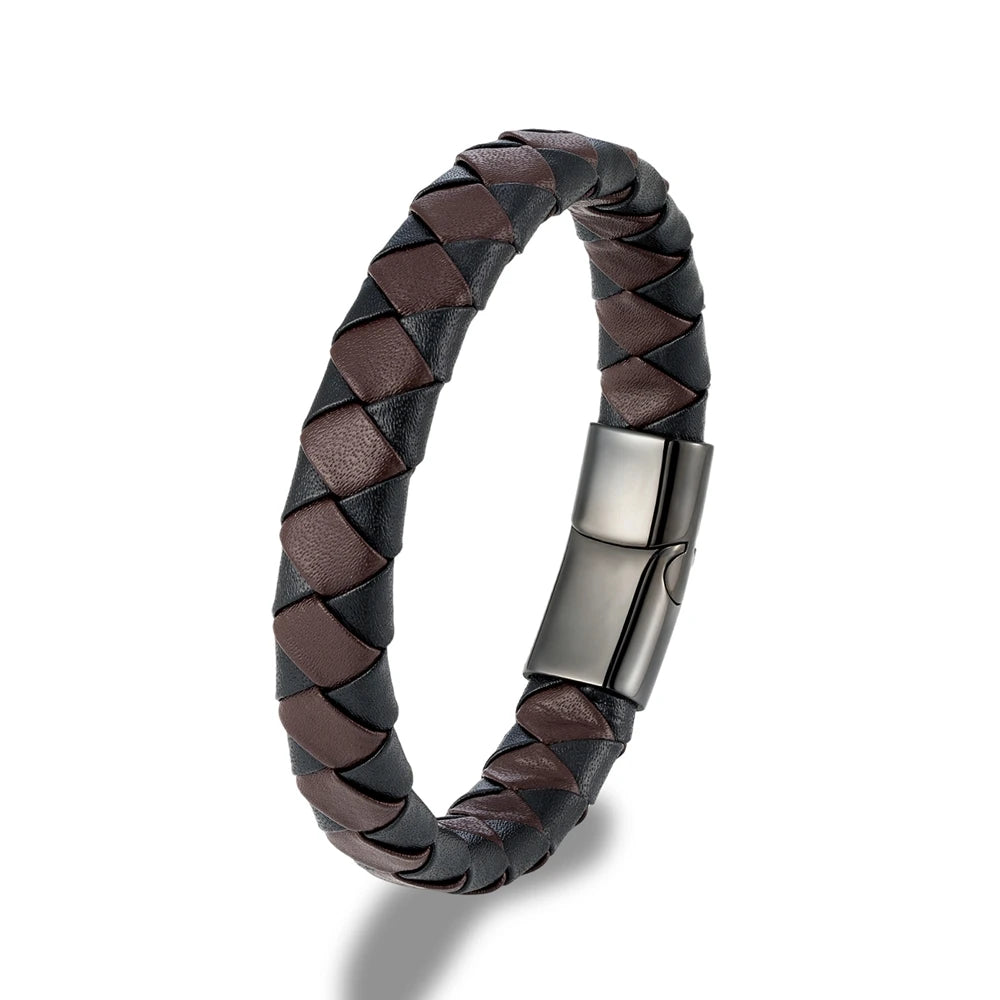 Pulsera Trenzada de Cuero Genuino Naranja y Negro – Unisex, con Hebilla Magnética de Acero Inoxidable