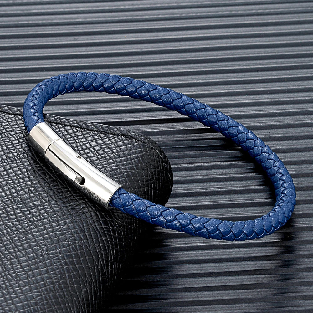 Pulsera de Cuero Trenzado Azul – Diseño Clásico con Hebilla Magnética de Acero Inoxidable Unisex