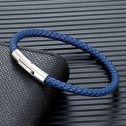 Pulsera de Cuero Trenzado Azul – Diseño Clásico con Hebilla Magnética de Acero Inoxidable Unisex