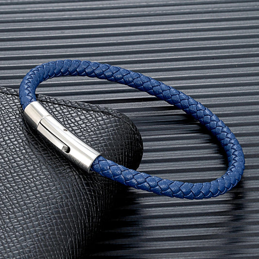 Pulsera de Cuero Trenzado Azul – Diseño Clásico con Hebilla Magnética de Acero Inoxidable Unisex