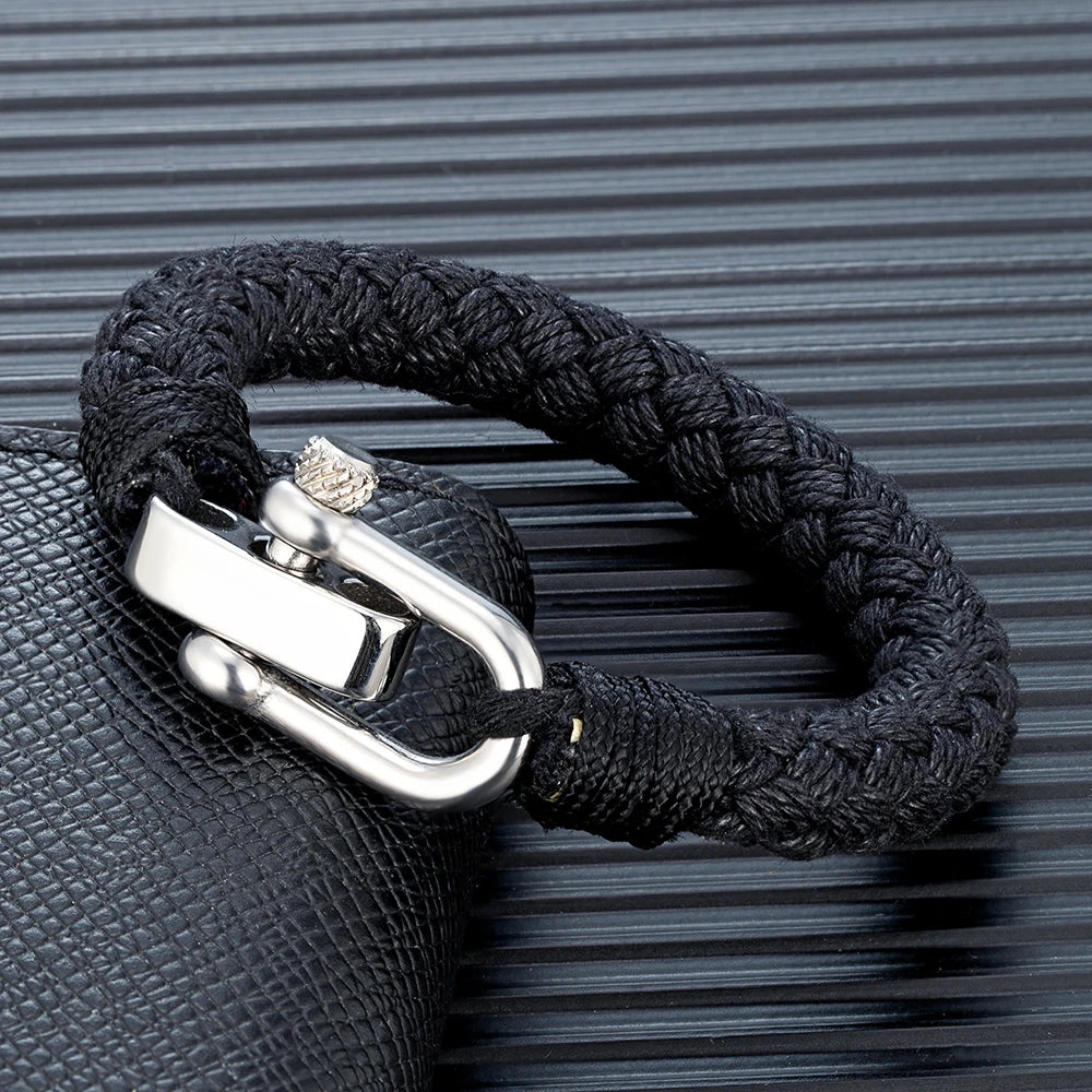 Pulsera Náutica de Cuerda Ancha para Hombre – Brazalete Envolvente con Grillete Ajustable de Acero Inoxidable, Hecho a Mano