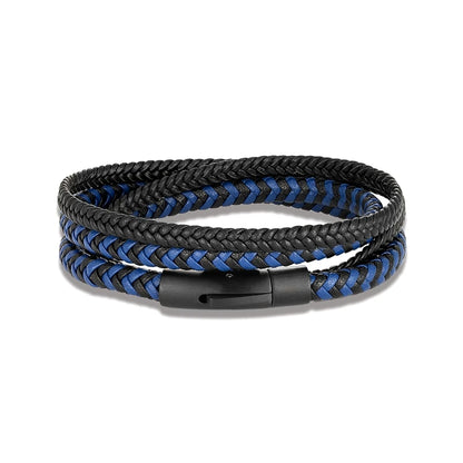 Pulsera de Cuero Doble para Hombre – Estilo Simple con Botón de Acero Inoxidable Negro Mate, Hecha a Mano