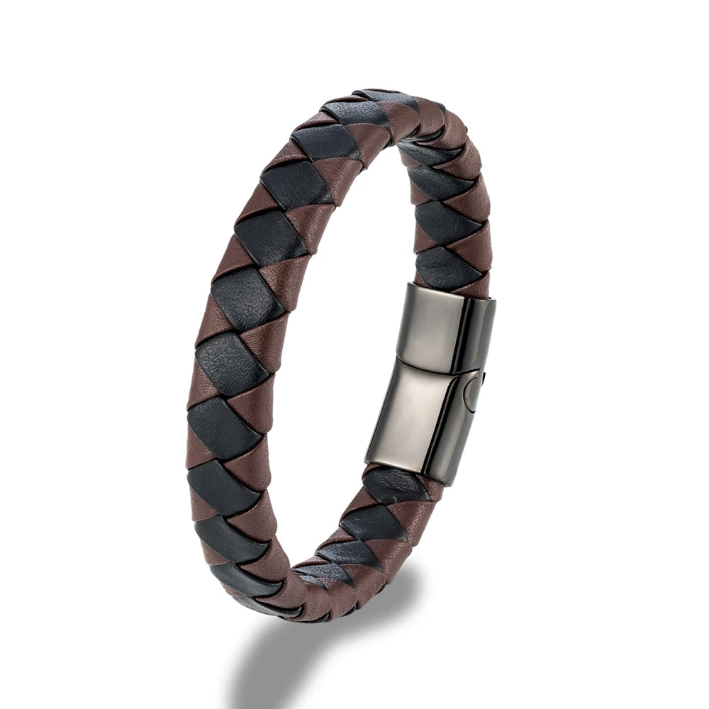 Pulsera Trenzada de Cuero Genuino Naranja y Negro – Unisex, con Hebilla Magnética de Acero Inoxidable