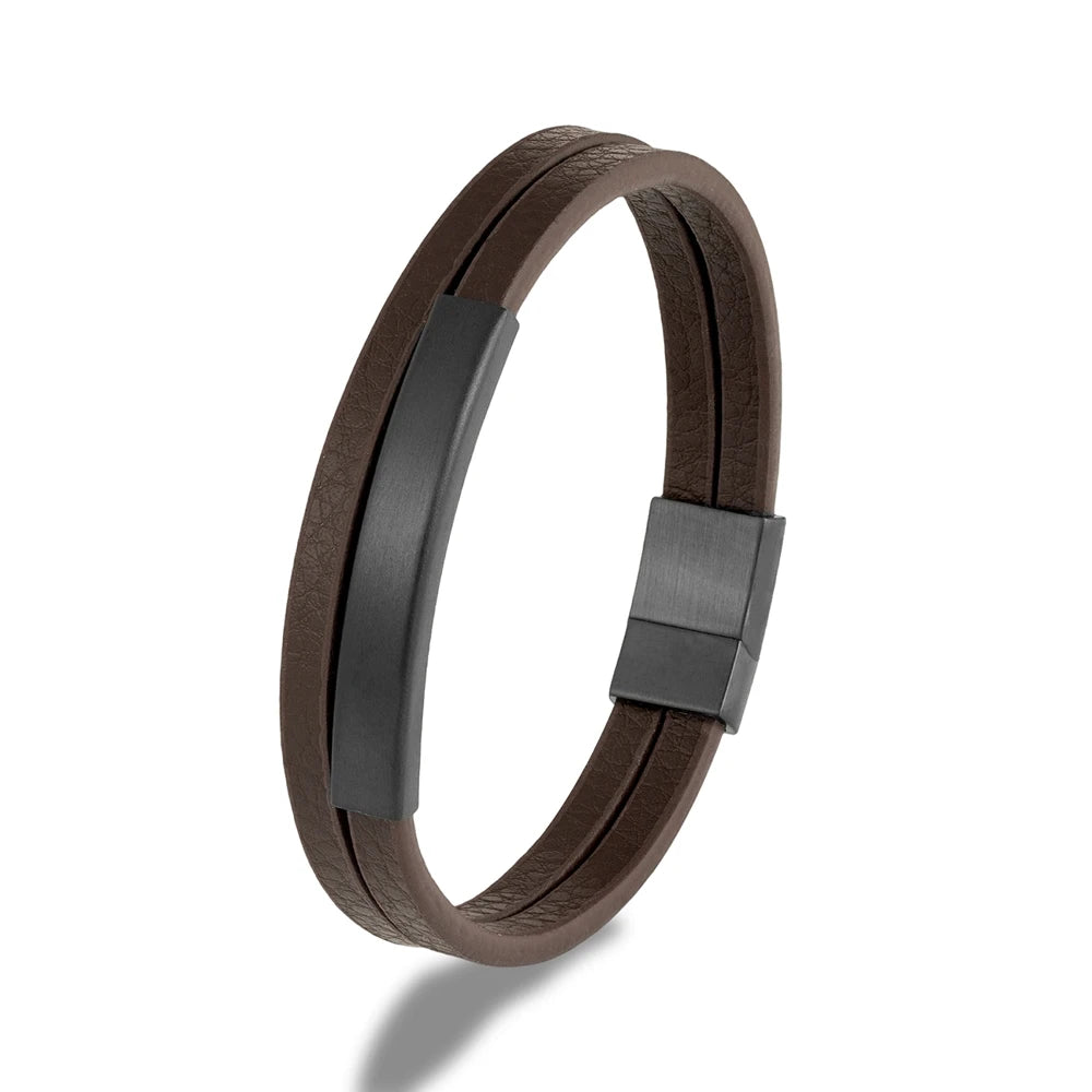 Pulsera de Cuero Trenzado Doble para Hombre – Estilo Minimalista con Cierre Negro Mate de Acero Inoxidable