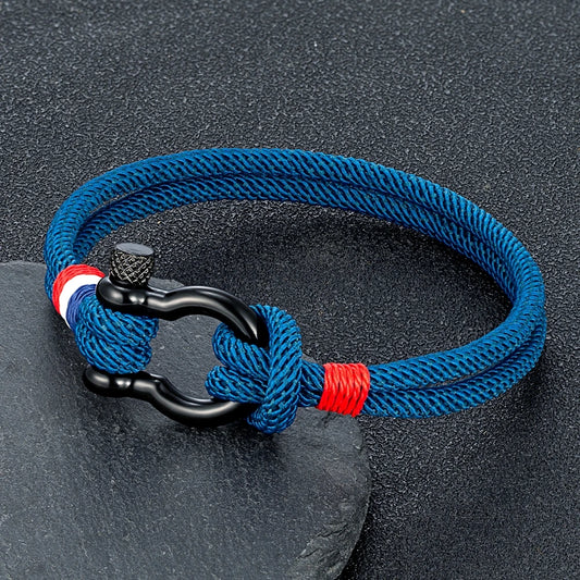 Pulsera Tejida de Doble Capa con Hebilla de Grillete Negro – Unisex, Diseño Artesanal con Detalle de Bandera Francesa