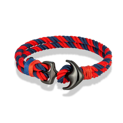 Pulsera Náutica con Ancla – Cuerda Impermeable de Doble Hebra y Hebilla de Acero Inoxidable Negro Unisex