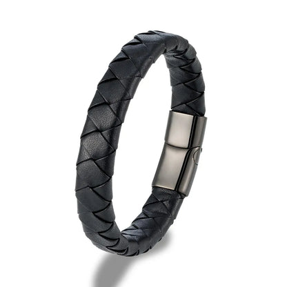 Pulsera Trenzada de Cuero Genuino Naranja y Negro – Unisex, con Hebilla Magnética de Acero Inoxidable