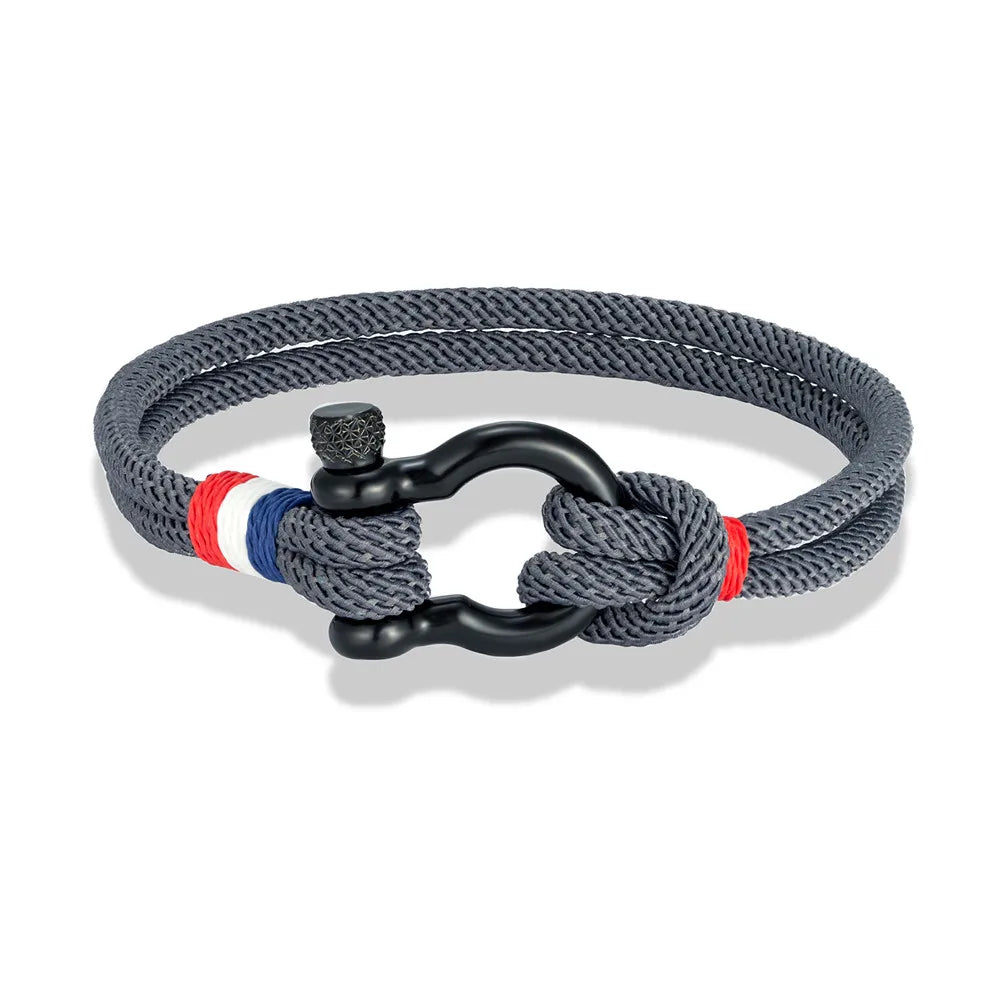 Pulsera Tejida de Doble Capa con Hebilla de Grillete Negro – Unisex, Diseño Artesanal con Detalle de Bandera Francesa