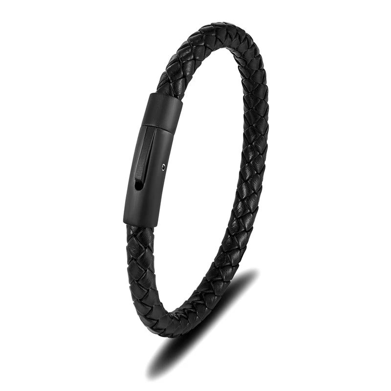 Pulsera de Cuero Azul Trenzado para Hombre – Estilo Minimalista con Hebilla Magnética Negra de Acero Inoxidable
