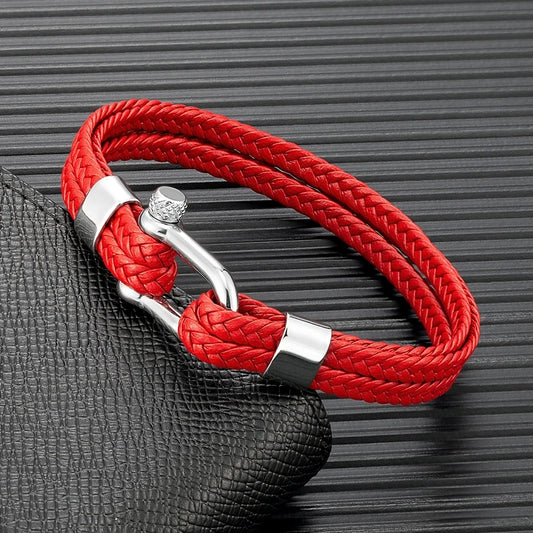 Pulsera de Cuero Azul Marino Trenzado Multicapa – Unisex, con Grillete en U de Acero Inoxidable