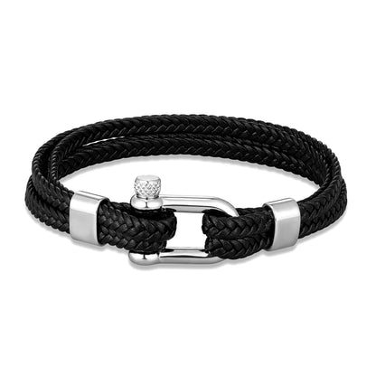 Pulsera de Cuero Azul Marino Trenzado Multicapa – Unisex, con Grillete en U de Acero Inoxidable