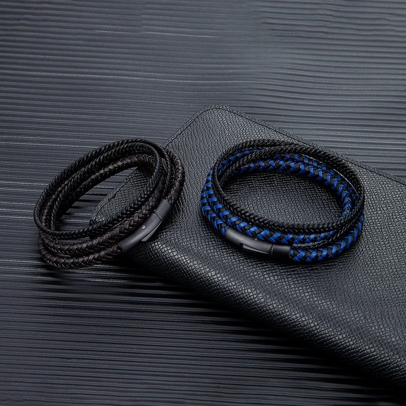 Pulsera de Cuero Doble para Hombre – Estilo Simple con Botón de Acero Inoxidable Negro Mate, Hecha a Mano
