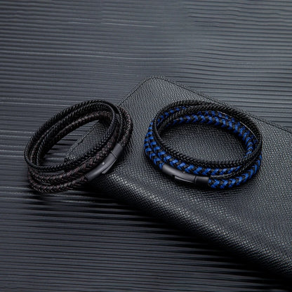 Pulsera de Cuero Doble para Hombre – Estilo Simple con Botón de Acero Inoxidable Negro Mate, Hecha a Mano