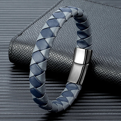 Pulsera Trenzada de Cuero Genuino Naranja y Negro – Unisex, con Hebilla Magnética de Acero Inoxidable