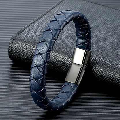 Pulsera Trenzada de Cuero Genuino Naranja y Negro – Unisex, con Hebilla Magnética de Acero Inoxidable
