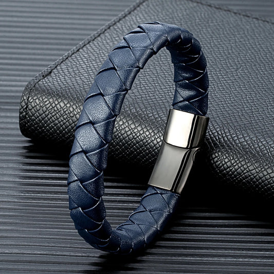 Pulsera Trenzada de Cuero Genuino Naranja y Negro – Unisex, con Hebilla Magnética de Acero Inoxidable